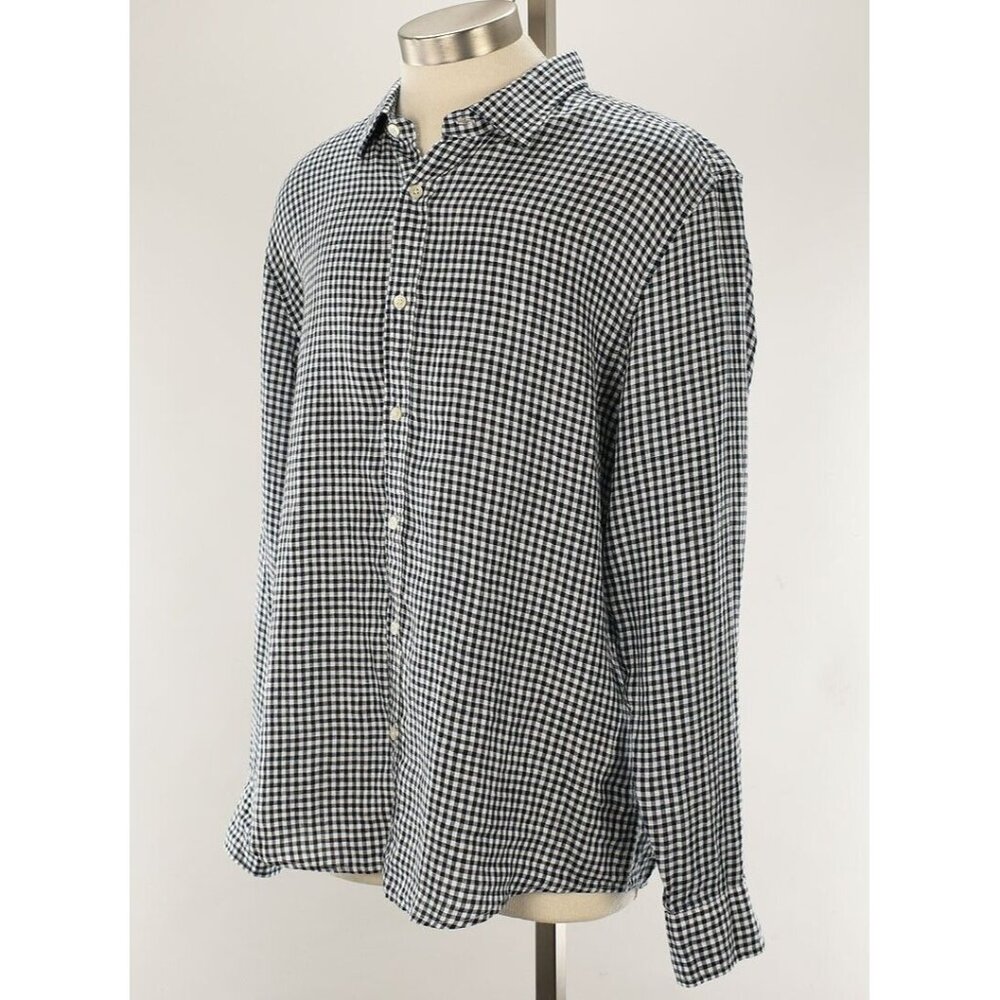 THE MENS STORE Navy Blue GINGHAM Regular Fit Long Sleeve Linen Shirt XL NWT